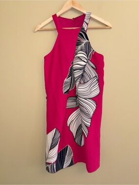 Trina Turk Asymmetrical Midi Dress Sz 2 Pink Blue Resort Vacation Euro Chic